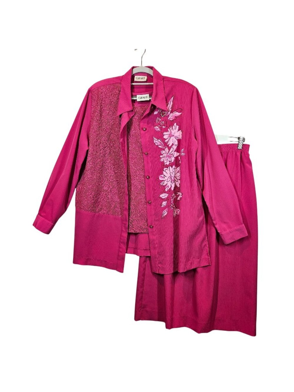 Vtg Graff Blouse Tank Skirt suit Womens XL Floral Lace Pink career Feminine
